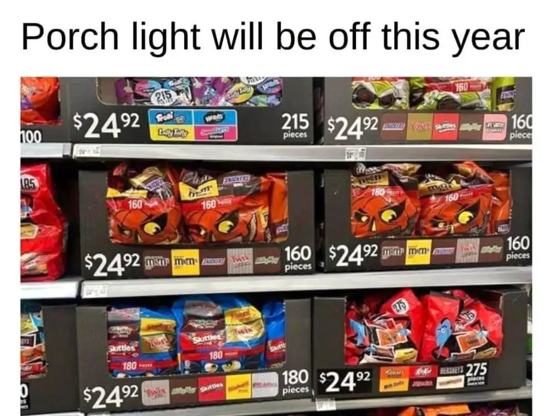 A grocery store candy aisle displays Halloween-themed bags of candy like M&M's, Twix, and Skittles, each priced at $24.92…