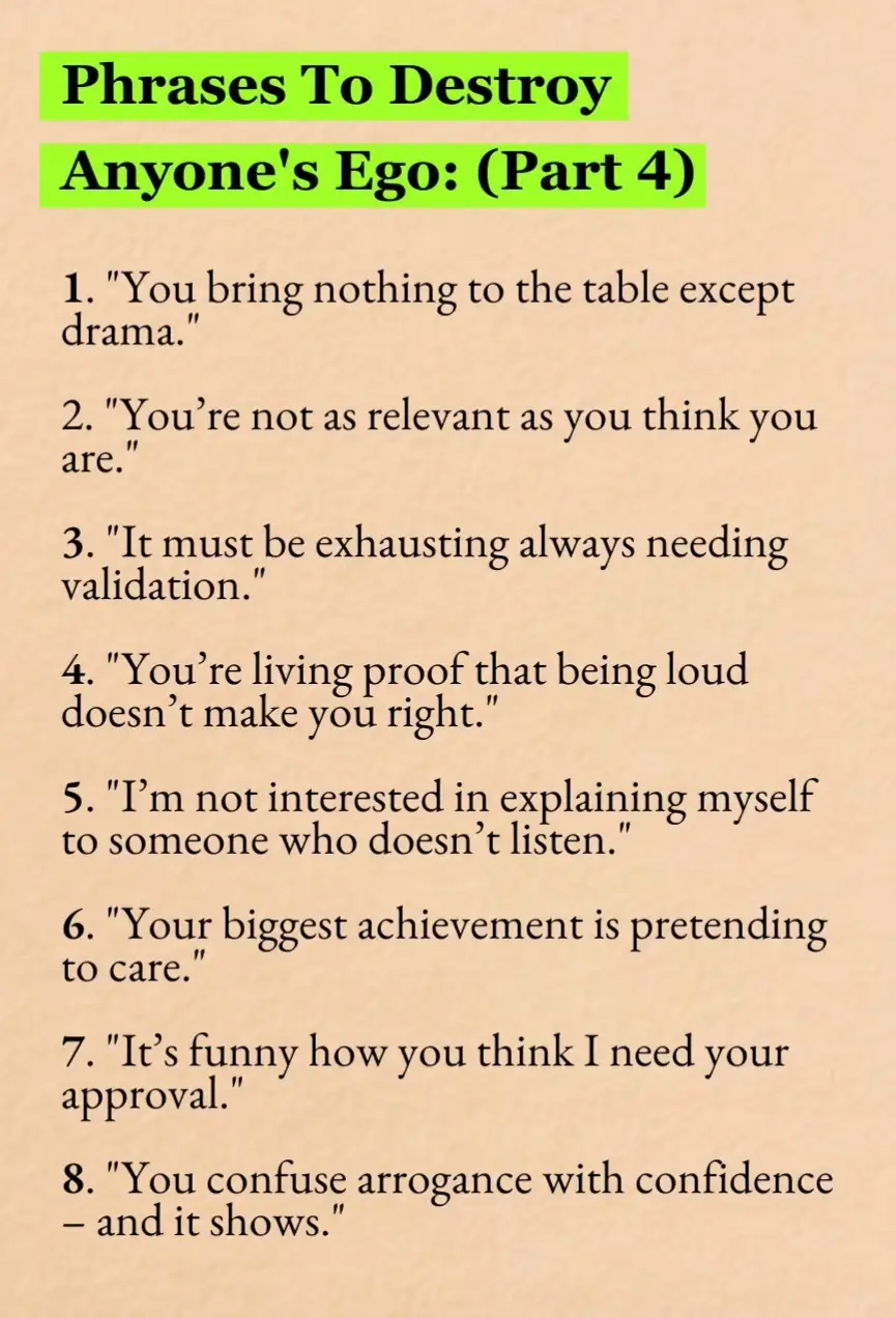 A beige background displays a numbered list of eight sarcastic phrases designed to undermine someone's self-esteem, under…
