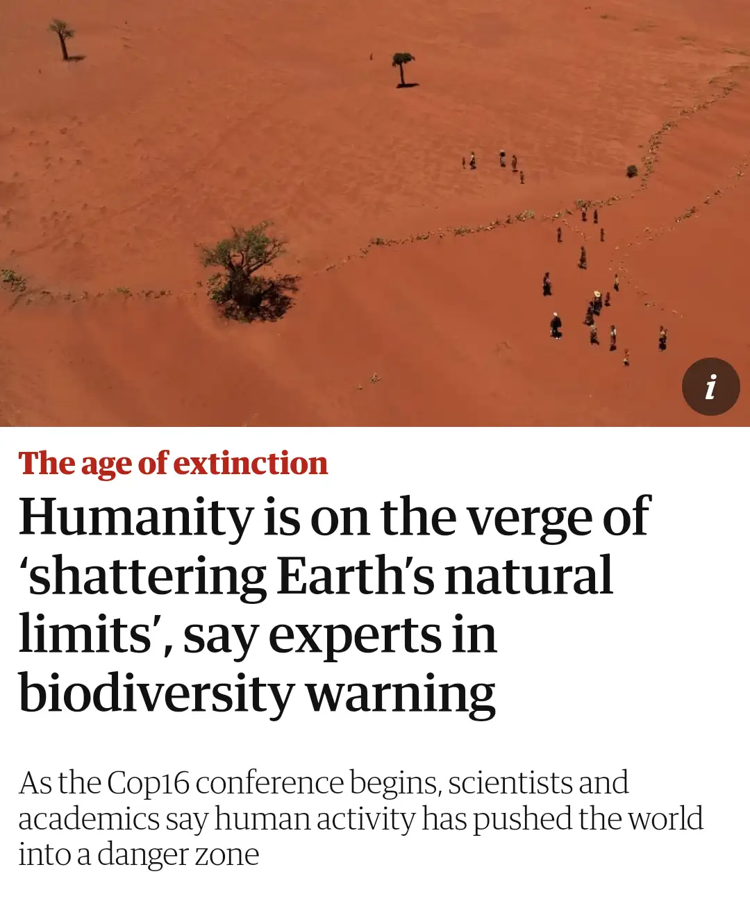 An aerial photo shows a small group of people walking across a vast, reddish desert landscape with sparse trees. Overlaid…