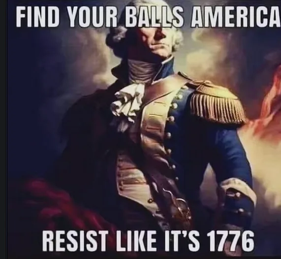 A historical painting of a stern-looking man in 18th-century military attire, likely George Washington, with bold white text…