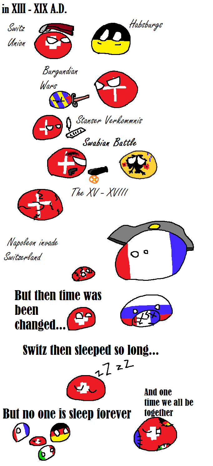 A ballpoint-style political cartoon depicts Switzerland's historical timeline from 13th to 19th century, showing its…
