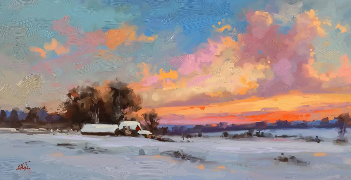 A painterly winter landscape shows a snow-covered field with a small cabin and trees under a vibrant sunset sky with orange…
