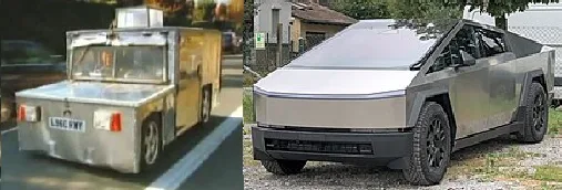 The image displays two vehicles side-by-side: on the left, a prototype electric truck with a license plate reading 'L986…