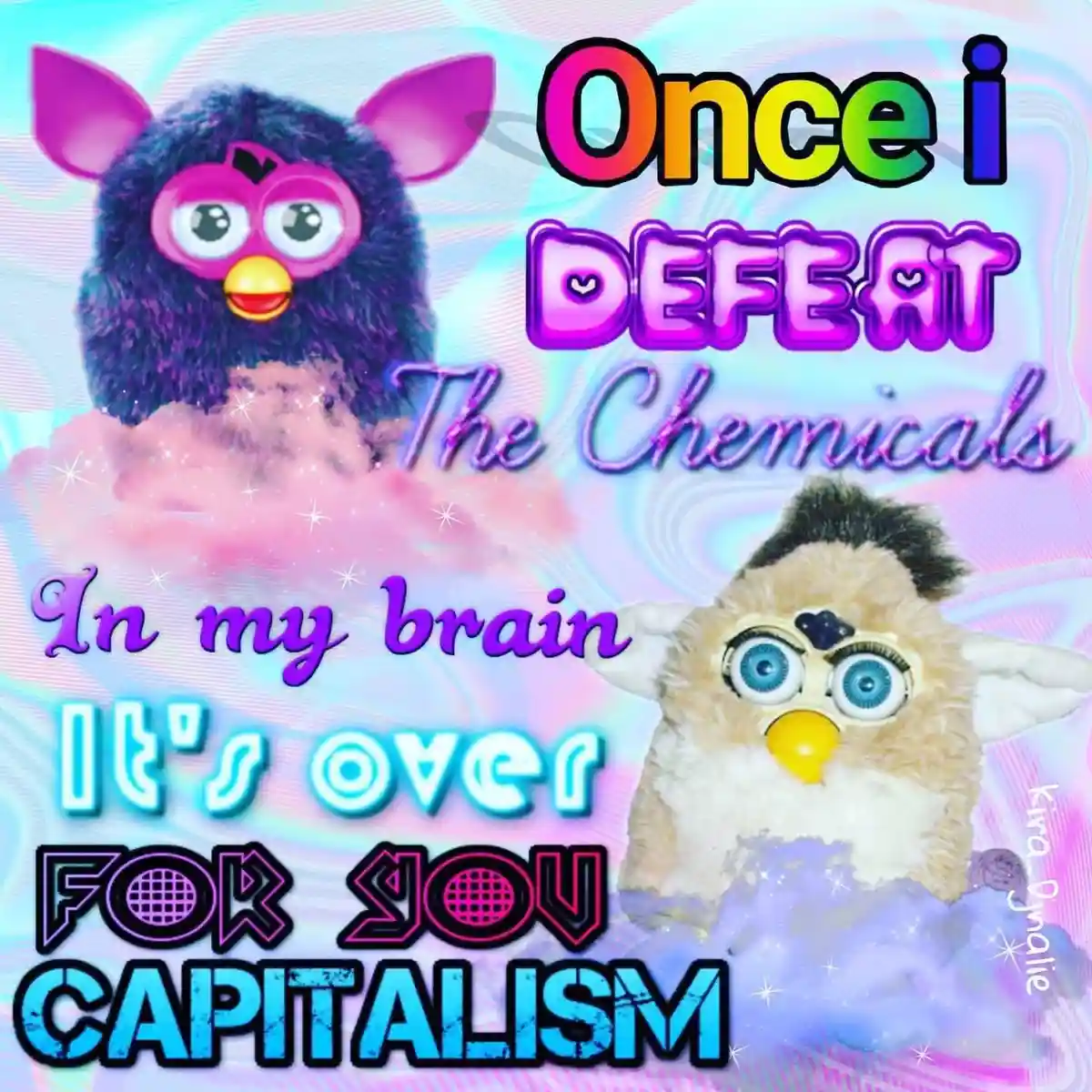 Two Furby toys, one purple and one beige, sit on clouds against a psychedelic, rainbow-hued background. The purple Furby is…