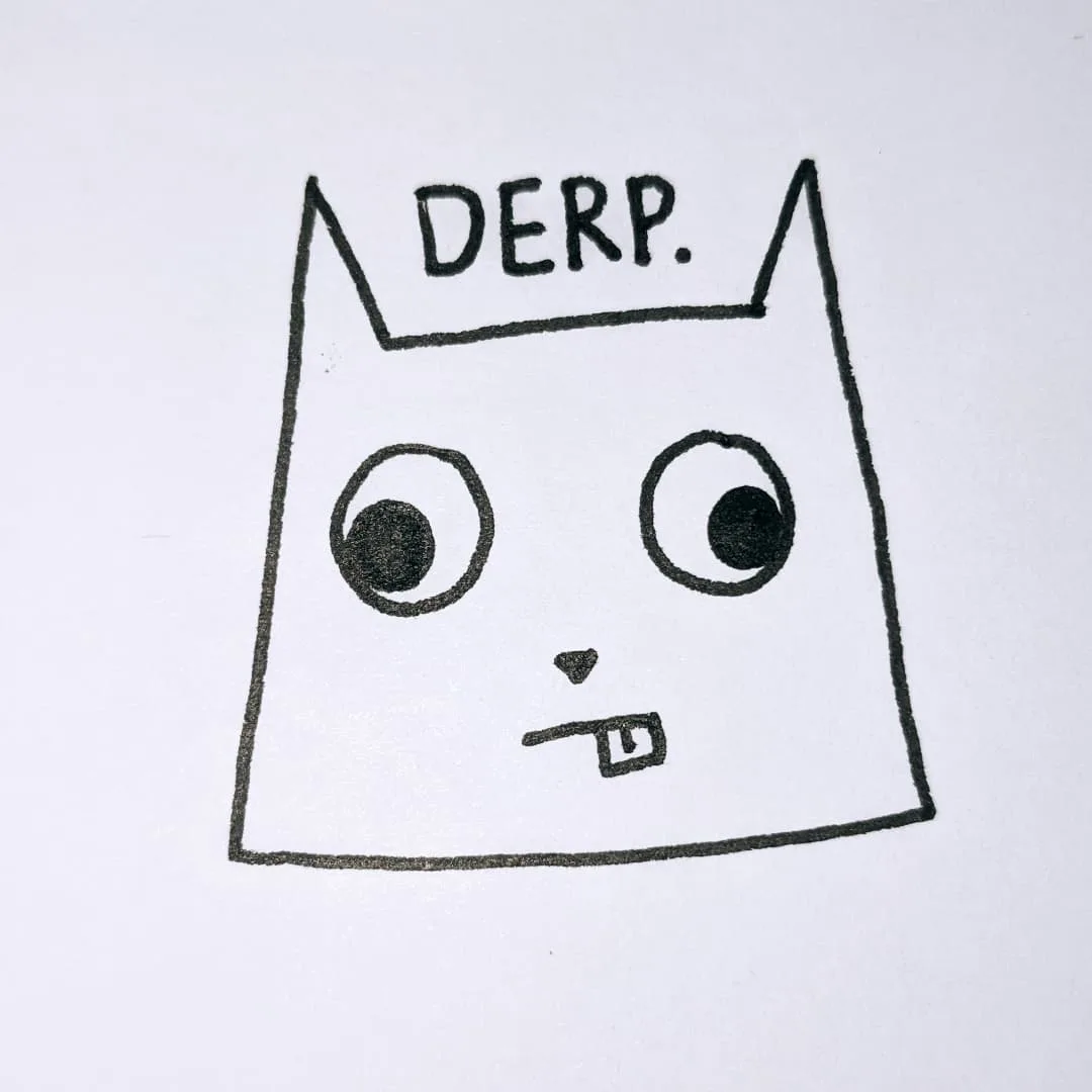 A simple black-and-white hand-drawn cartoon cat face with large round eyes, a small nose, and a slightly open mouth, with…