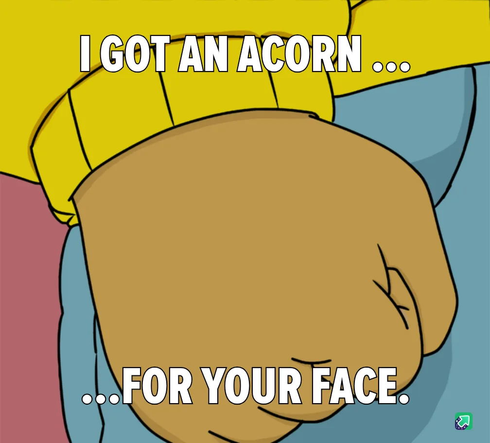 A close-up of a cartoon character's clenched fist, wearing a yellow shirt and blue pants, with white bold text overlaid that…