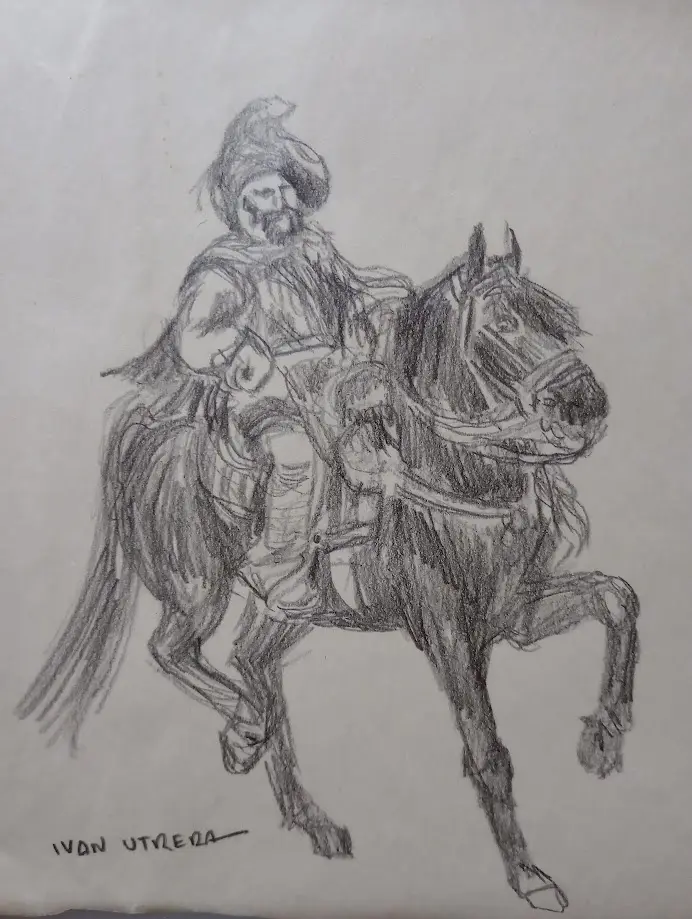 A pencil sketch of a bearded man in a turban riding a horse, with the text 'i am not a horse' overlaid. The artist's…