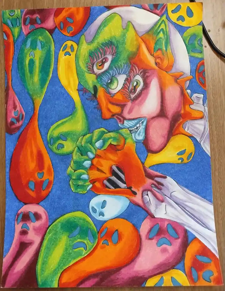 A colorful, psychedelic drawing shows a distorted, multi-hued face with exaggerated eyes and makeup, holding a screaming…