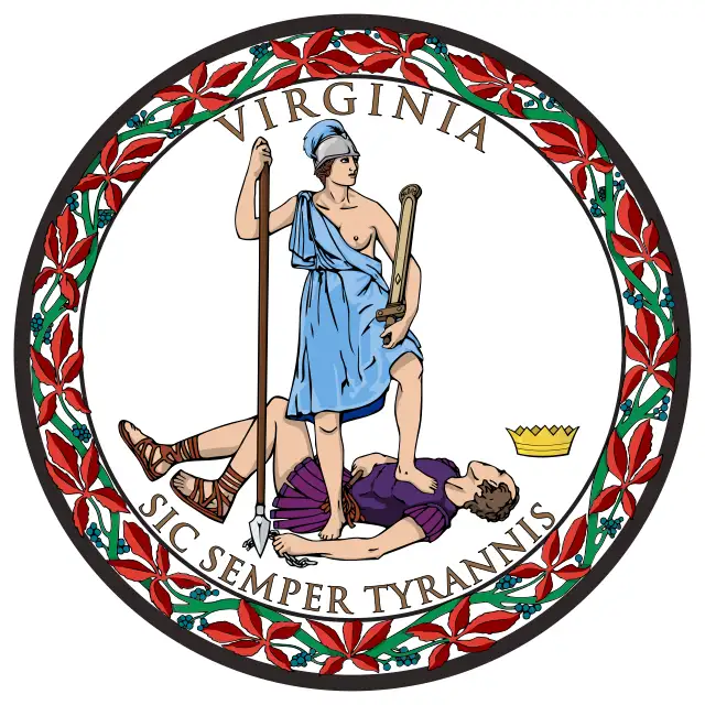 The image displays the official seal of the Commonwealth of Virginia, featuring a classical depiction of a Roman-style…