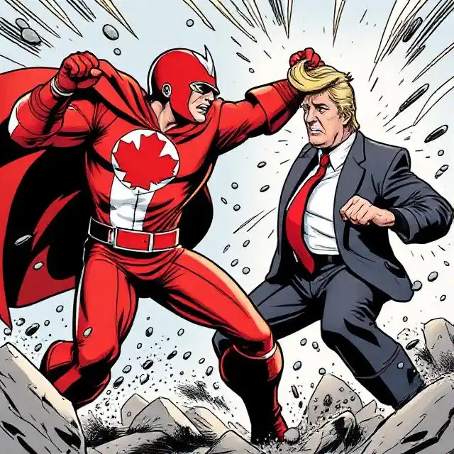 A comic book-style illustration shows a superhero in a red suit with a maple leaf emblem punching Donald Trump, who is…
