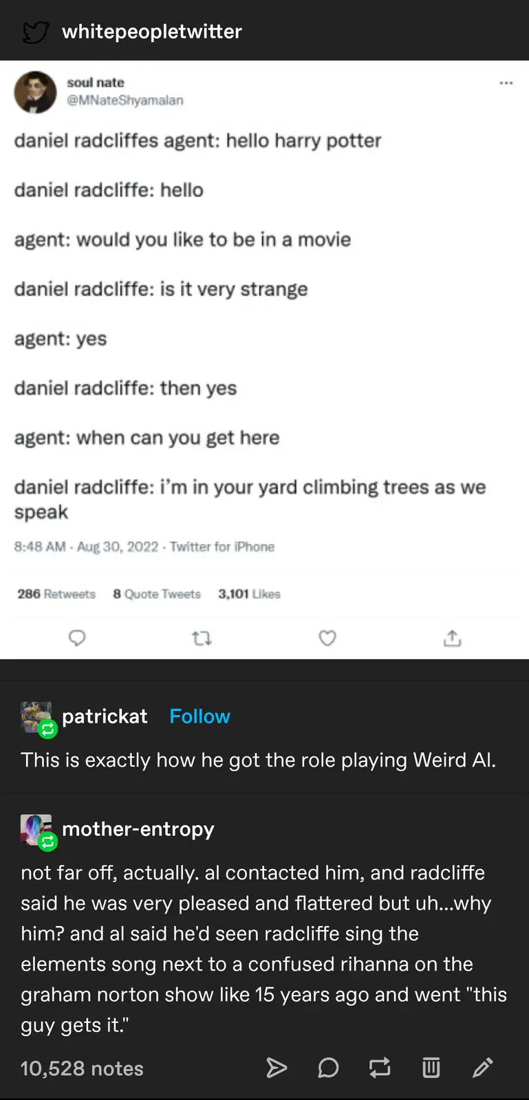 A screenshot of a Twitter thread where a user named 'soul nate' posts a fictional conversation between Daniel Radcliffe and…