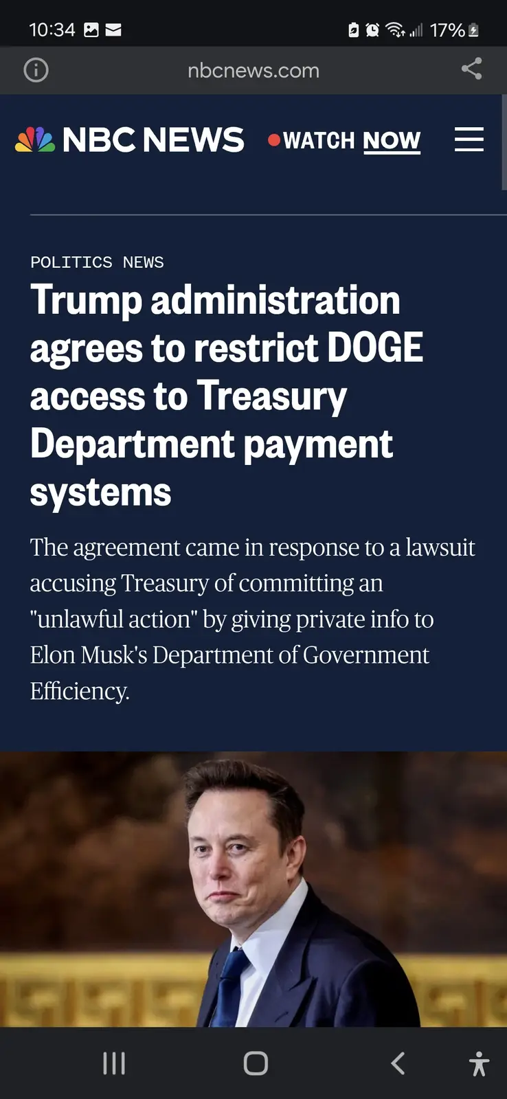 A screenshot of an NBC News article headline about the Trump administration restricting DOGE's access to Treasury systems…