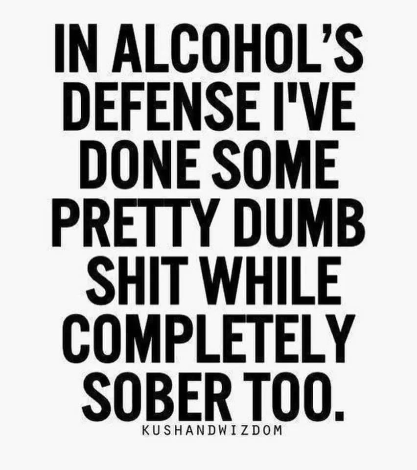 The image displays bold black text on a plain white background. The text reads: 'IN ALCOHOL'S DEFENSE I'VE DONE SOME PRETTY…