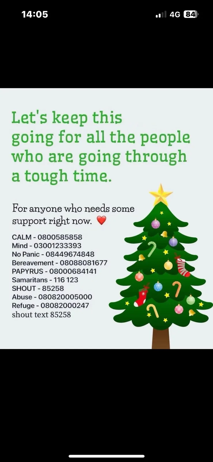 An image of a decorated Christmas tree with green text above it reading 'Let's keep this going for all the people who are…