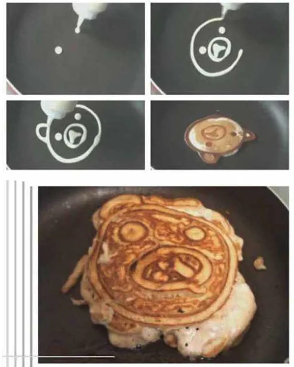The image shows a four-panel sequence of pancake batter being poured into a frying pan to form a bear's face, followed by a…