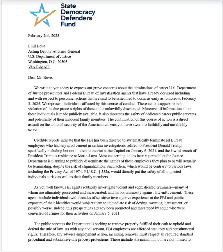 A formal letter dated February 2nd, 2025, from the 'State Democracy Defenders Fund' to Emil Bove, Acting Deputy Attorney…