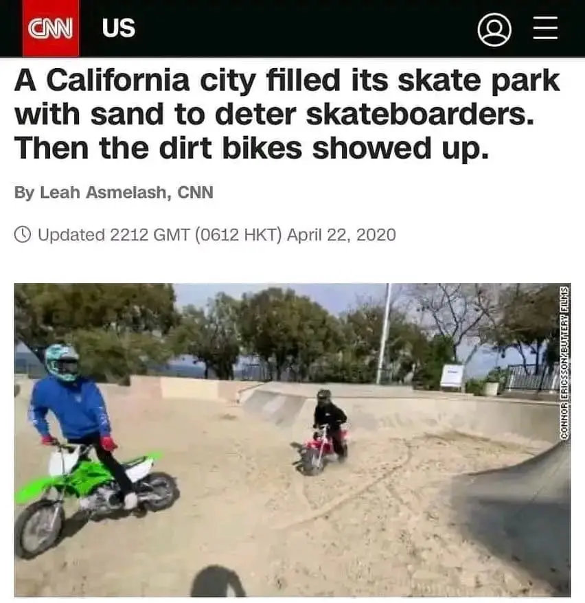 The image shows a screenshot of a CNN US news article with the headline 'A California city filled its skate park with sand…