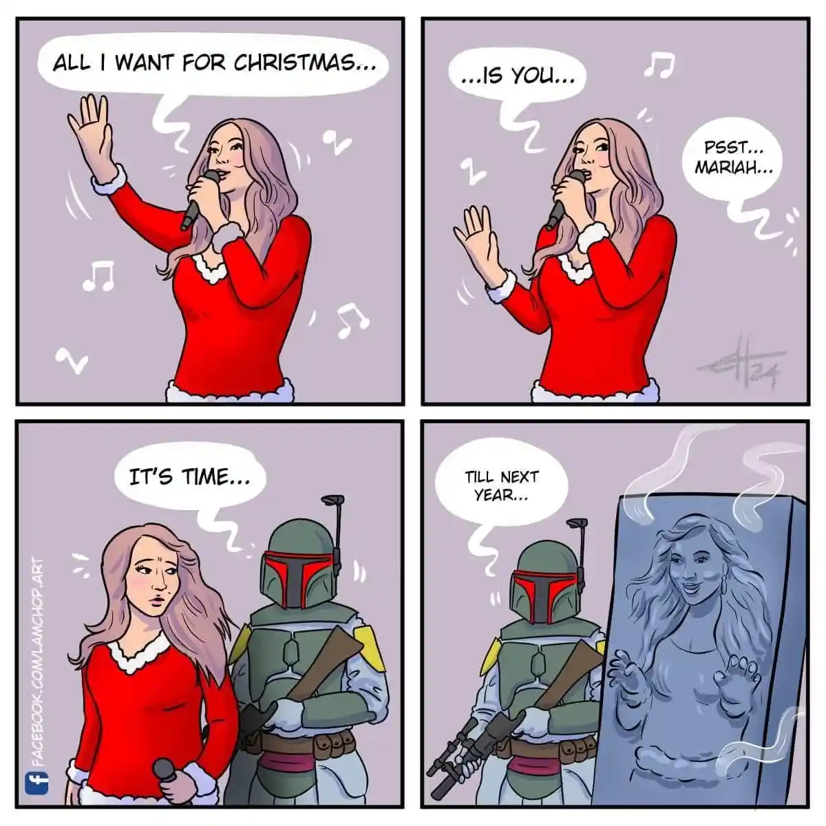 A four-panel comic shows a woman in a red Christmas sweater singing 'All I Want for Christmas... Is You' while musical notes…