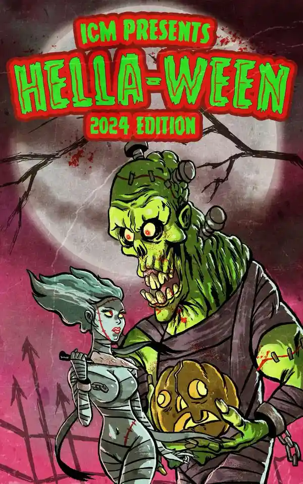 A cartoon-style horror poster shows a green, stitched zombie-like creature holding a carved pumpkin, standing beside a…