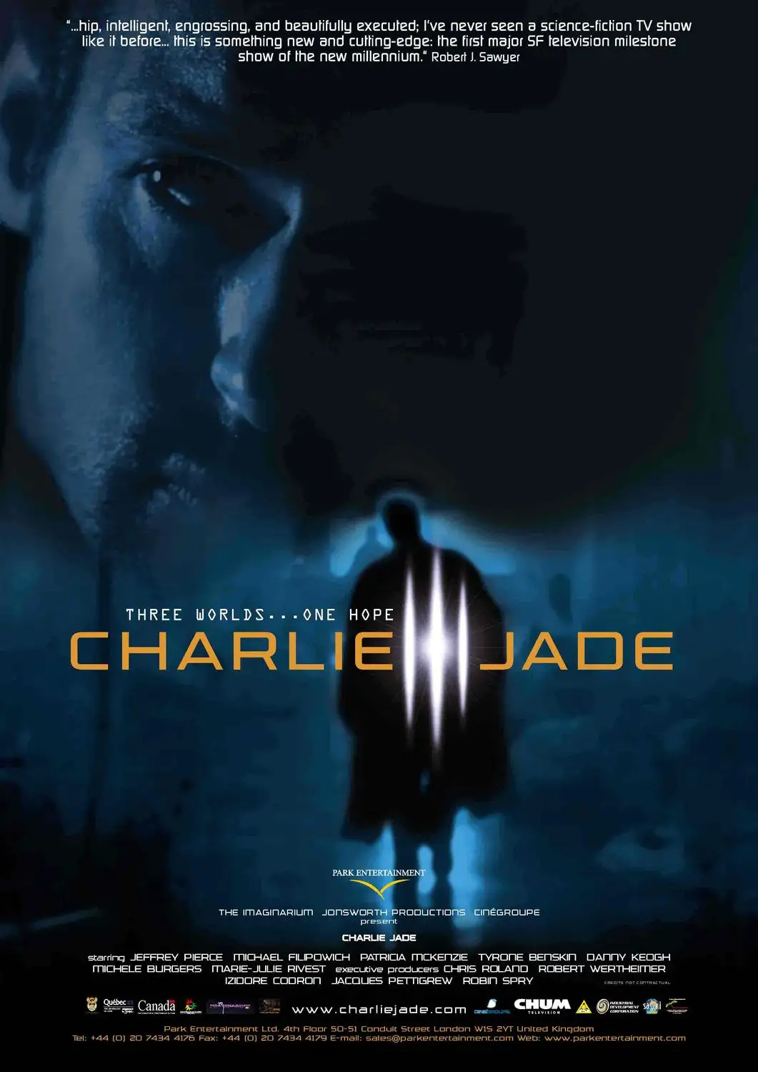 A promotional poster for the TV show 'Charlie Jade' features a close-up of a man's face in shadow on the left, with a…