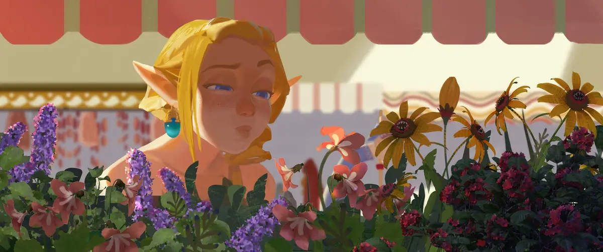 A stylized illustration shows a blonde elf-like woman with pointed ears and blue eyes peeking over a vibrant garden of…