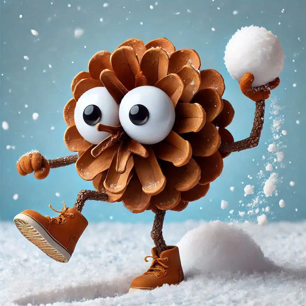 A cartoon pinecone with large googly eyes, twig arms and legs, and brown boots is mid-stride in a snowy scene, holding a…