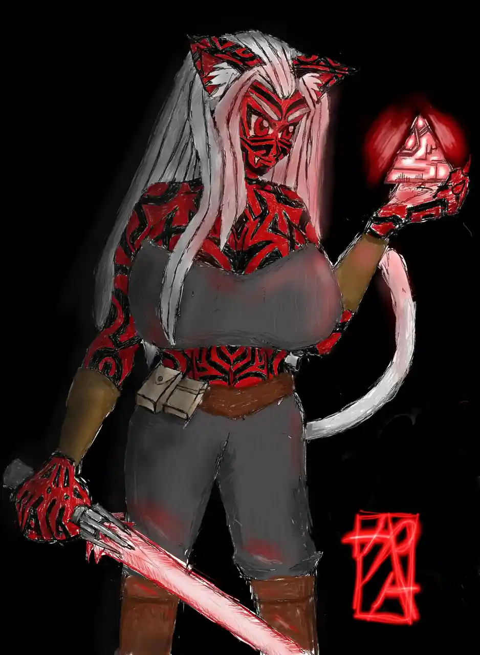 An anime-style demon woman with long silver hair, red face paint, and devil horns holds a glowing red sword in one hand and…