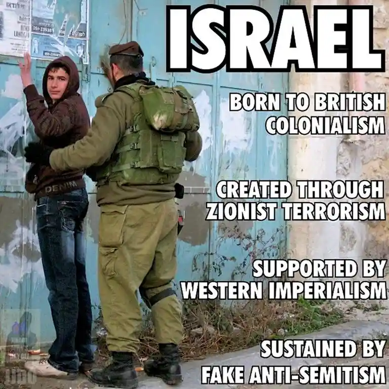 A photo shows a young man in a brown hoodie being held by an Israeli soldier in military uniform against a weathered blue…