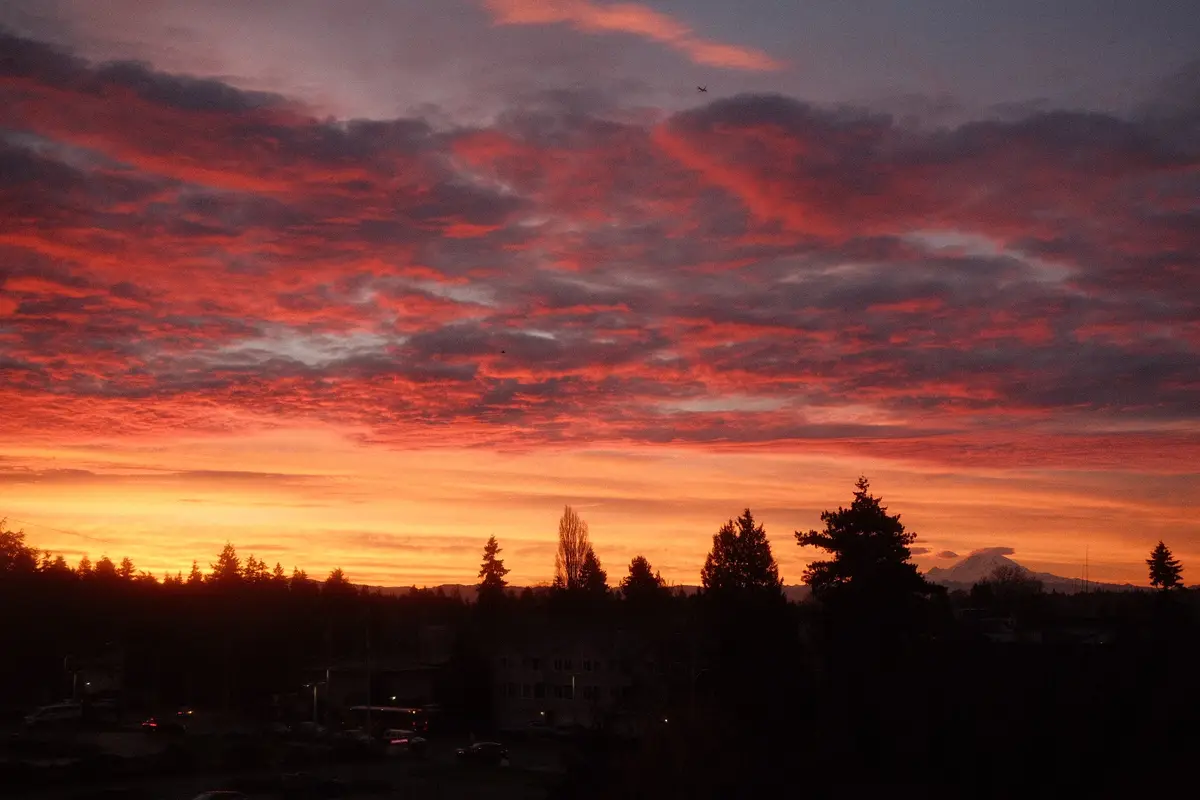 A dramatic sunset with fiery red and orange clouds over a silhouetted suburban landscape with trees, houses, and distant…