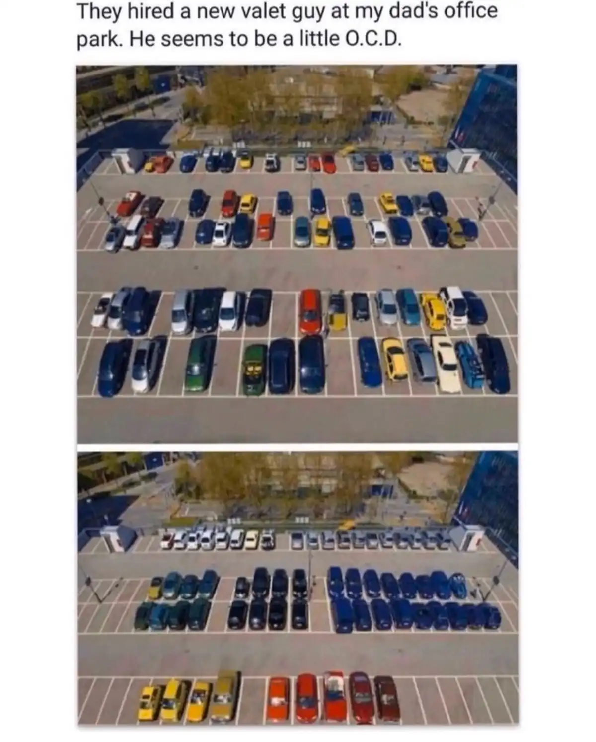 The image shows two aerial views of a parking lot. The top view displays cars parked in a chaotic, mixed-color pattern. The…