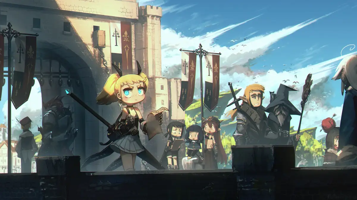 A chibi-style anime girl with blonde pigtails, blue eyes, and small horns stands in front of a castle gate holding a sword…