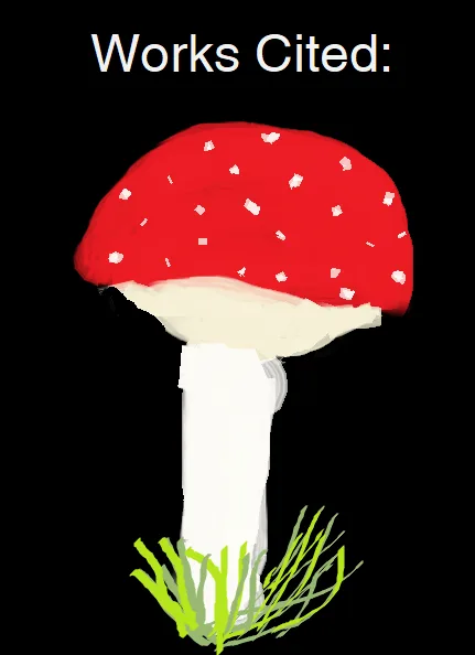A simple digital drawing of a red-capped mushroom with white spots and a white stem, growing in green grass against a black…