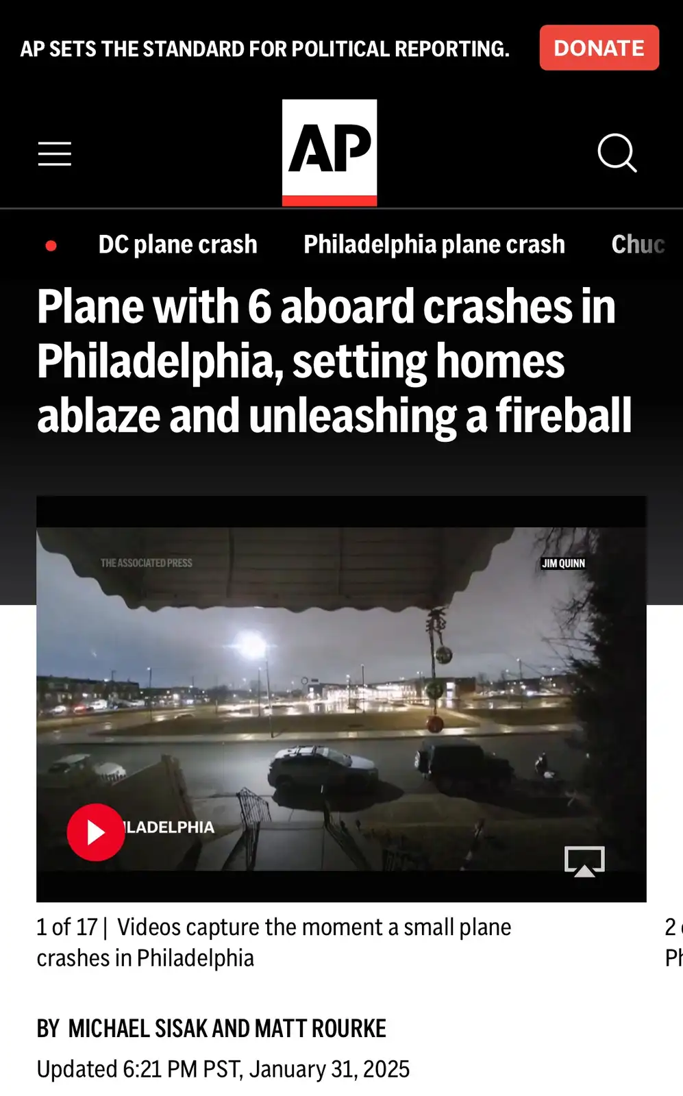 A screenshot of an Associated Press news article about a plane crash in Philadelphia, featuring a video thumbnail showing a…
