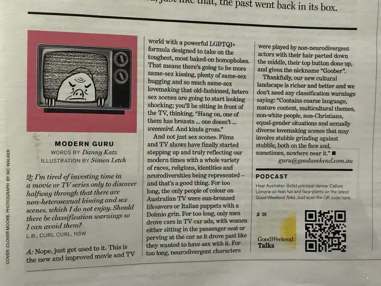 A newspaper clipping shows a column titled 'MODERN GURU' with a reader's question about non-heterosexual content in media…