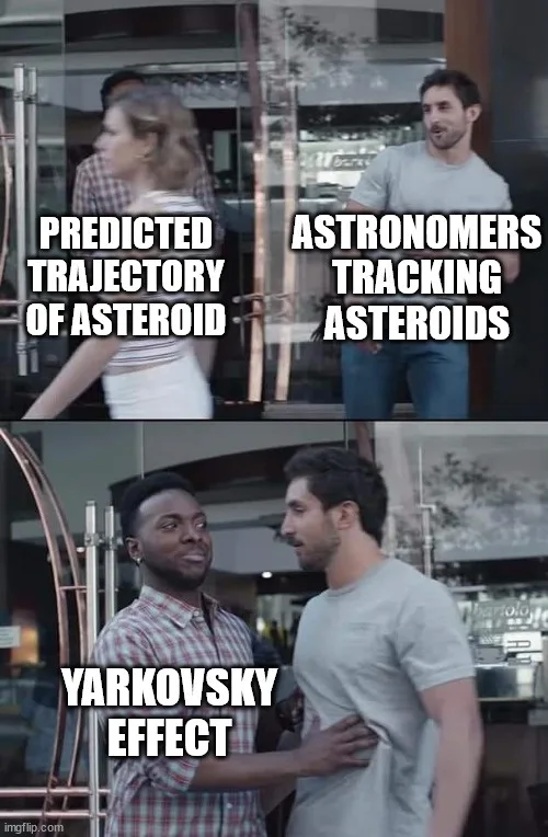 The meme features two panels from a scene where a man in a grey t-shirt is initially seen looking at a woman walking past…