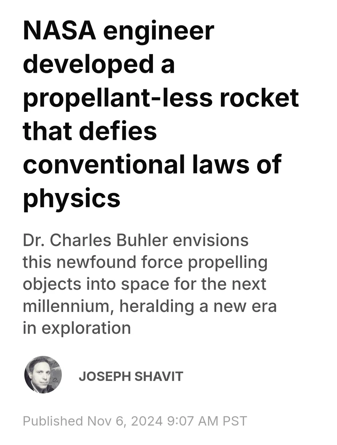 The image displays a mock news article with bold black text on a white background. The headline reads 'NASA engineer…