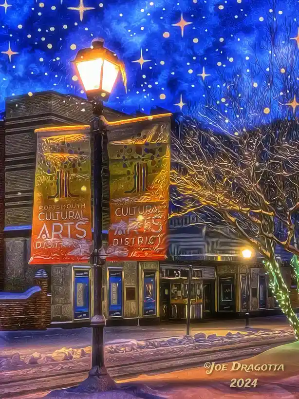 A stylized, painterly night scene of a snowy street corner with a lit lamppost and two banners reading 'PORTSMOUTH CULTURAL…