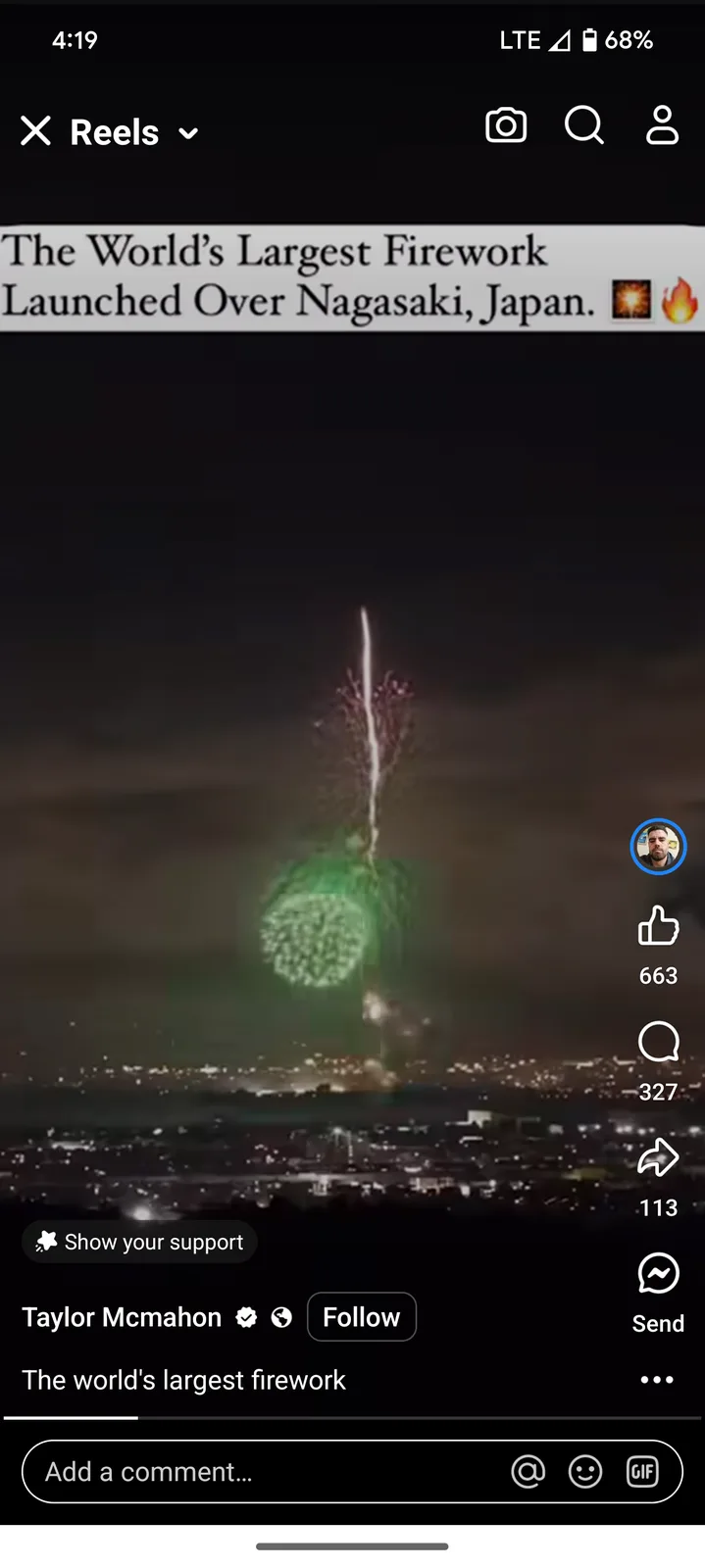 A nighttime video shows a massive green firework exploding over a cityscape, with a news banner at the top reading 'The…