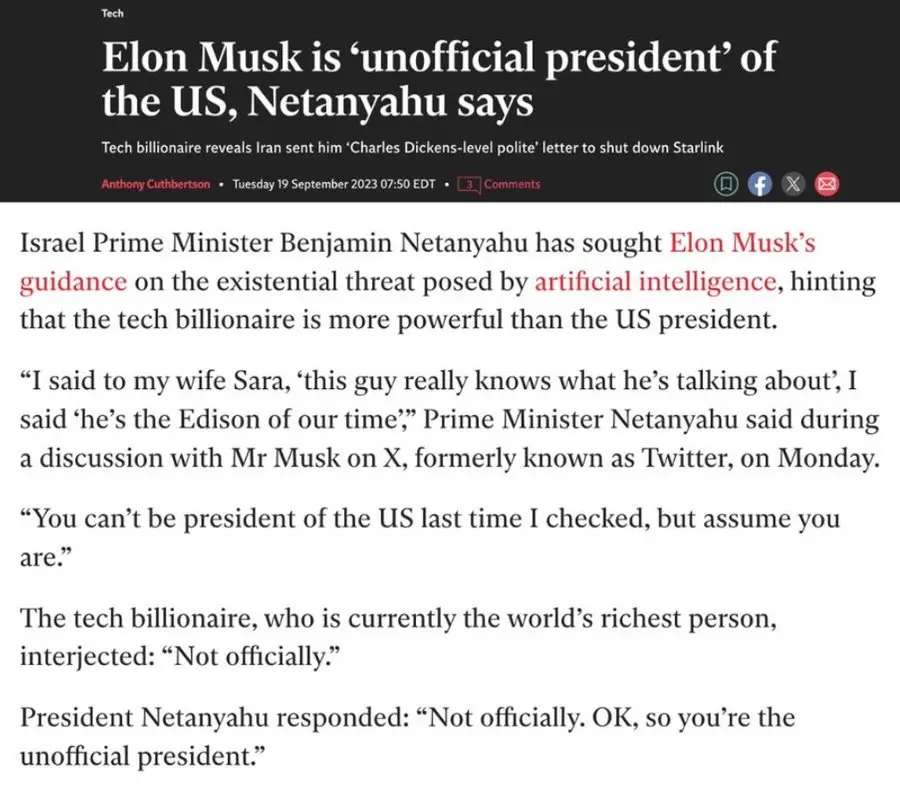 A screenshot of a news article headline reads 'Elon Musk is 'unofficial president' of the US, Netanyahu says'. The article…