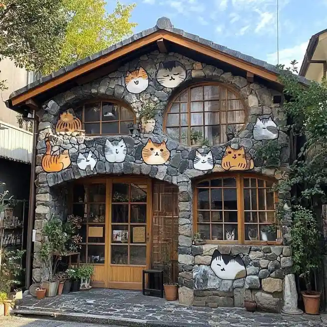 a stone building with wooden windows and doors is decorated with numerous cartoon cat faces painted on its exterior walls…