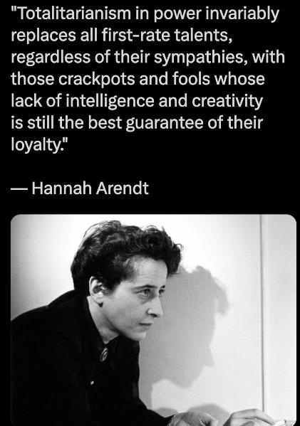 A black-and-white photo of Hannah Arendt looking off to the side, overlaid with her quote about totalitarianism replacing…