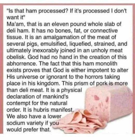 A large, pale pink processed ham is shown next to a pile of thinly sliced deli ham. Overlaid text is a dramatic, overly…