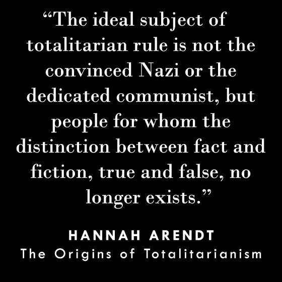 A black background with white text displaying a quote attributed to Hannah Arendt from her book 'The Origins of…