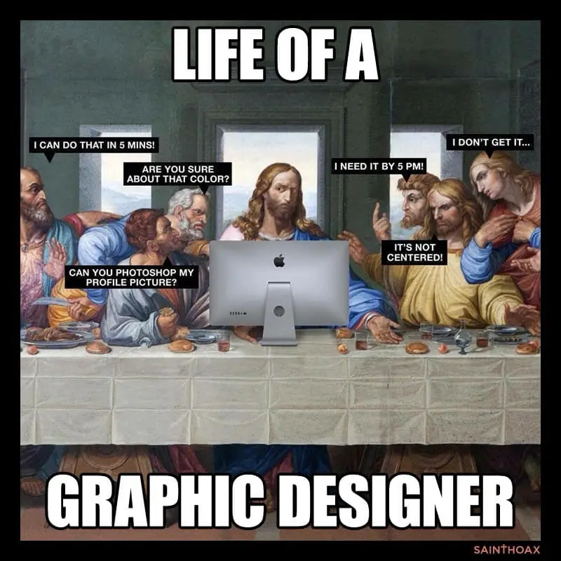 The Last Supper painting is altered to show Jesus and the disciples gathered around a computer monitor. Text bubbles show…