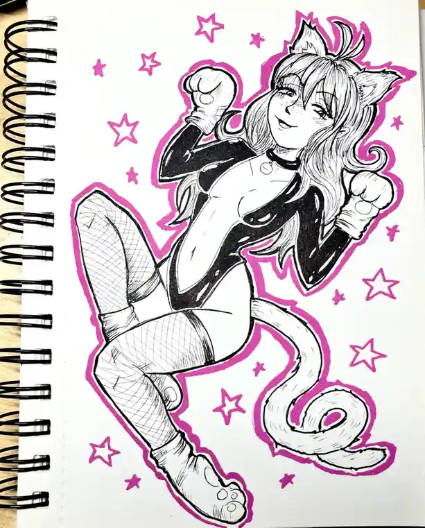 A hand-drawn anime-style illustration on a spiral-bound notebook page shows a cheerful, anthropomorphic catgirl with cat…
