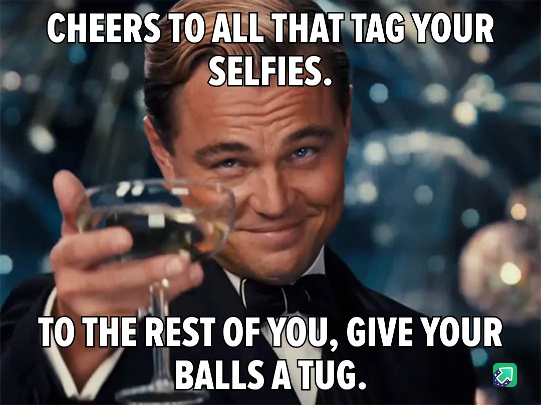 A man in a tuxedo holding a champagne glass smiles and raises it in a toast. The overlaid text reads 'CHEERS TO ALL THAT TAG…