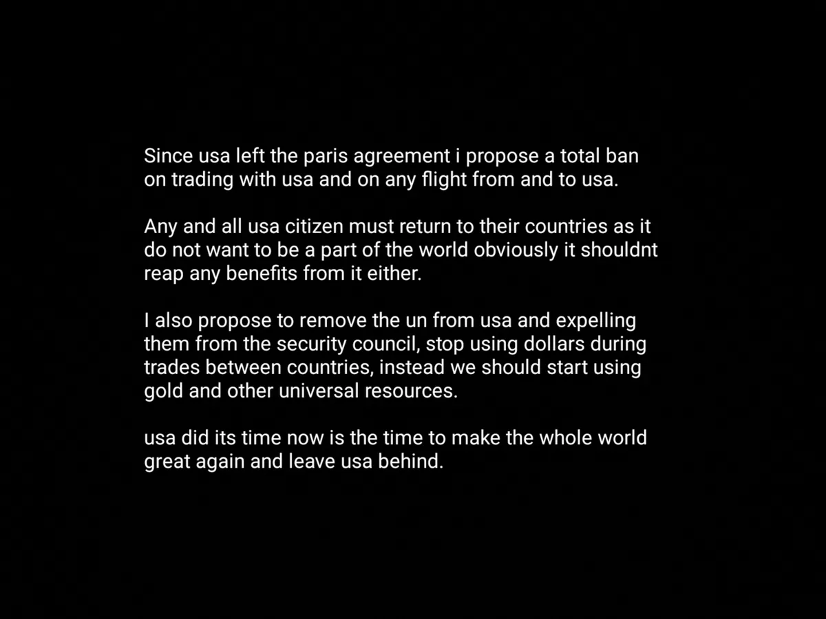 A black background with white text outlining a series of extreme political proposals in response to the USA leaving the…