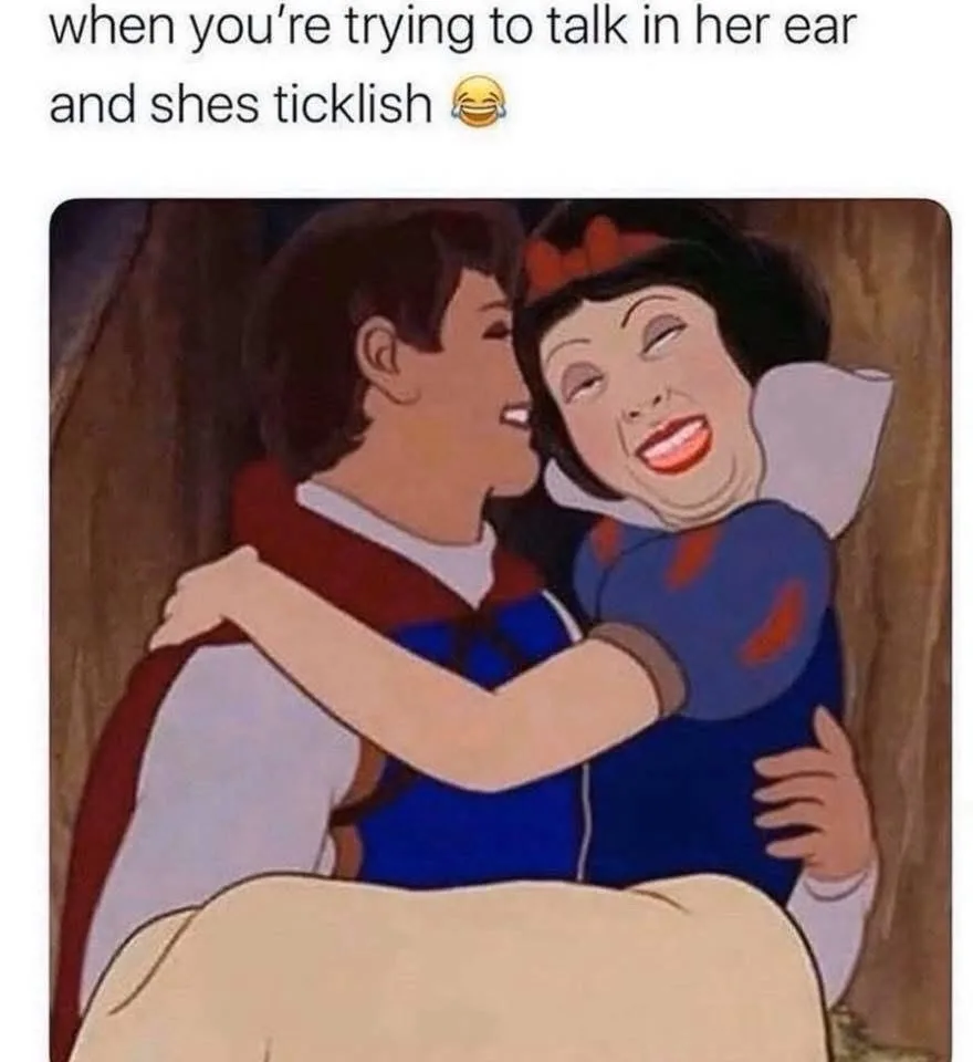 A classic Disney animation still shows Snow White and Prince Charming embracing. Snow White is laughing hysterically with…