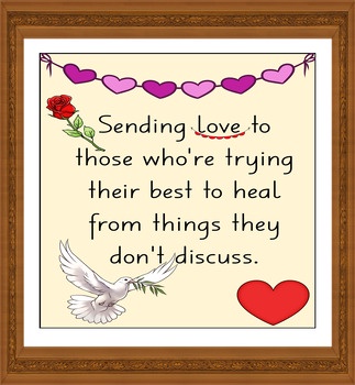 A framed picture with a beige background, decorated with a string of purple hearts at the top, a red rose on the left, and a…