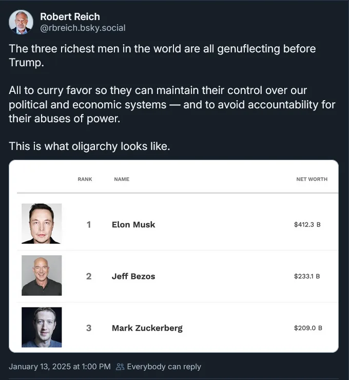 A screenshot of a social media post by Robert Reich showing a list of the top three richest men: Elon Musk ($412.3B), Jeff…